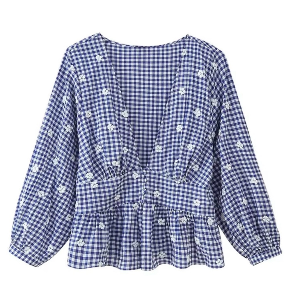 Zara Navy Gingham Blouse with Floral Accents